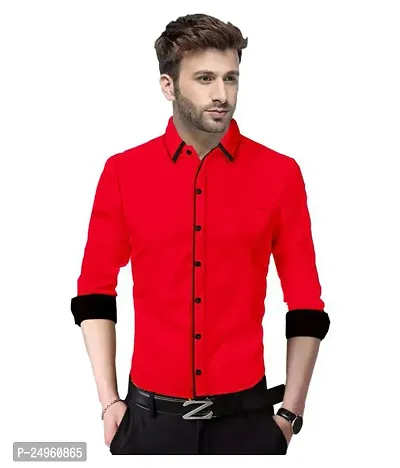 LIFE ROADS Men's Slim Fit Regular Fit, Piping Red Cotton Solid Shirt-thumb3