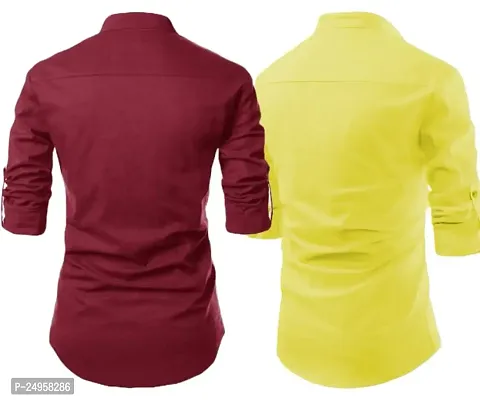 LIFE ROADS Long Sleeve Premium Soft Cotton Solid Color Regular Spread Collar, Latest Slim/Smart fit Pack of 2 Kurta for Men. Maroon, Yellow-thumb2