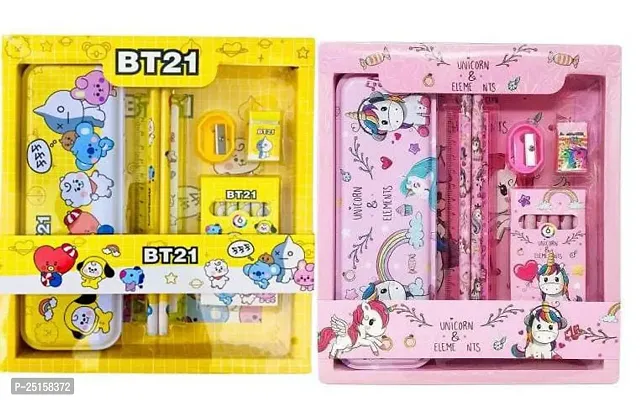 COMBO OF 2 PENCIL KITS FOR BOTH GIRLS AND BOYS WITH TWO DIFFERENT CHARACTERS BT21 AND UNICORN ( INCLUDES PENCIL BOX ,PENCIL,ERASER,SHARPNER,SCALE,WAX CRYONS IN BOTH PACKS )
