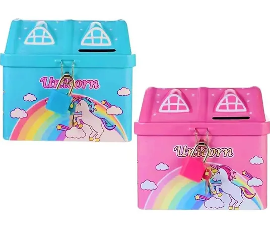 Unicorn Printed Hut Shape Metal Coin Bank Piggy Bank for Kids with Lock and Key, Medium Hut Piggy Bank( random colour pink or blue ANY ONE )