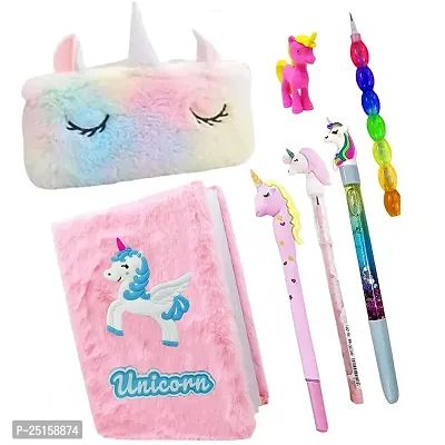 Unicorn Diary Combo for Girls/Unicorn Fur Pouch for Girls/Unicorn Pencil, Unicorn Water Pen, Unicorn Pen, Lento Pencil  Eraser Stationery Set (Pack of 7)