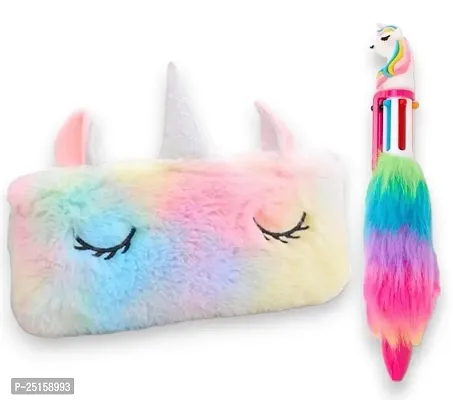 Unicorn Combo for Kids | 1 Unicorn Fur Pouch  1 Unicorn Fur Pen | Pencil Pouch-thumb0