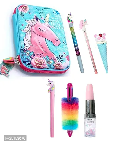 Unicorn Combos of Pouches, Stationery, Pen, Pencil, Eraser, Notebook for Student Unicorn Lover Unicorn Wired Headphone Fur Dairy (2nd Combo 7 PCS)-thumb0