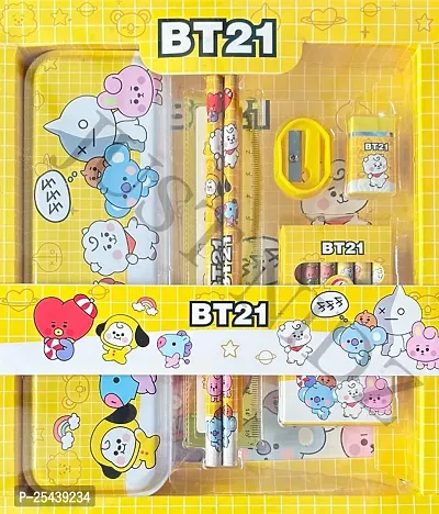 12 pcs All in One BTS BT21 Cartoon Theme Stationery Set Trendy BTS BT21 School Supplies Stationery Gift Set Kit with 1 Pencil Box Case 2 Pencils 6 Crayon Colors 2 Space Gel Pen 1 Ruler Scale Eraser S-thumb0