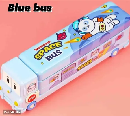 JUST NIDZ Bus Shape Pencil Box/ Geometry Box School Bus Pencil Box for Kids Magic Bus Space School Bus with Moving Tyres Metal Pencil Box with 3 Compartments  Cute Eyes (BLUE COLOUR)-thumb0