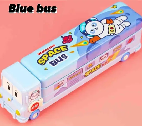 JUST NIDZ Bus Shape Pencil Box/ Geometry Box School Bus Pencil Box for Kids Magic Bus Space School Bus with Moving Tyres Metal Pencil Box with 3 Compartments  Cute Eyes (BLUE COLOUR)