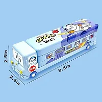 JUST NIDZ Bus Shape Pencil Box/ Geometry Box School Bus Pencil Box for Kids Magic Bus Space School Bus with Moving Tyres Metal Pencil Box with 3 Compartments  Cute Eyes (BLUE COLOUR)-thumb1