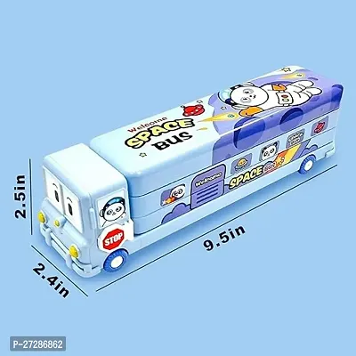JUST NIDZ Bus Shape Pencil Box/ Geometry Box School Bus Pencil Box for Kids Magic Bus Space School Bus with Moving Tyres Metal Pencil Box with 3 Compartments  Cute Eyes (BLUE COLOUR)-thumb2