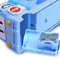 JUST NIDZ Bus Shape Pencil Box/ Geometry Box School Bus Pencil Box for Kids Magic Bus Space School Bus with Moving Tyres Metal Pencil Box with 3 Compartments  Cute Eyes (BLUE COLOUR)-thumb2