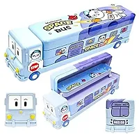 JUST NIDZ Bus Shape Pencil Box/ Geometry Box School Bus Pencil Box for Kids Magic Bus Space School Bus with Moving Tyres Metal Pencil Box with 3 Compartments  Cute Eyes (BLUE COLOUR)-thumb3