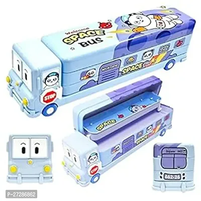 JUST NIDZ Bus Shape Pencil Box/ Geometry Box School Bus Pencil Box for Kids Magic Bus Space School Bus with Moving Tyres Metal Pencil Box with 3 Compartments  Cute Eyes (BLUE COLOUR)-thumb4
