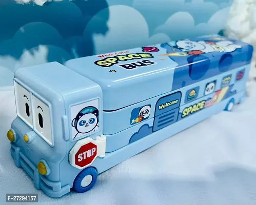 Space School Bus Shaped Pencil Box for Kids with Wheels and Sharpener Metal - (Space Design) BLUE