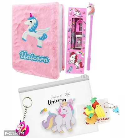 JUST NIDZ UNICORN FUR DIARY WITH CLEAR FOLDER POUCH , PEN , PENCIL ,ERASER , SCALE  KEYCHAIN ( PACK OF 13 ITEMS )