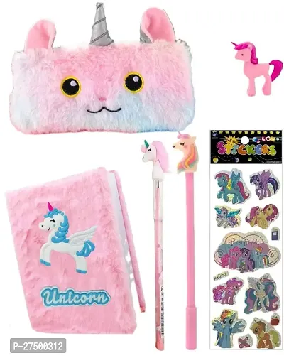 JUST NIDZ 6PCS Unicorn fur diary small pocket a6 size notebook with pink feather pouch , water glitter pen , pencil , eraser * sharpener, school stationary supply for girls kids