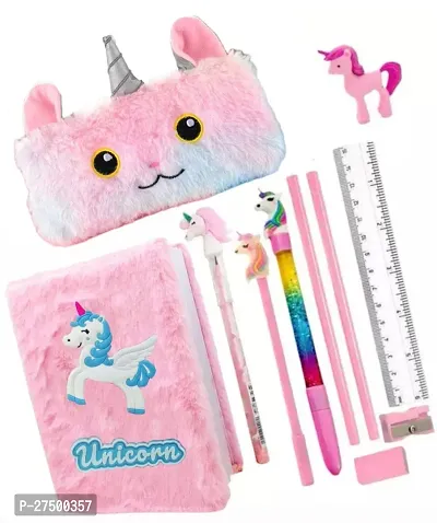 JUST NIDZ Unicorn fur diary small pocket a6 size notebook with pink feather pouch , water glitter pen , pencil , eraser * sharpener, school stationary supply for girls kids ( pack of 11 items )
