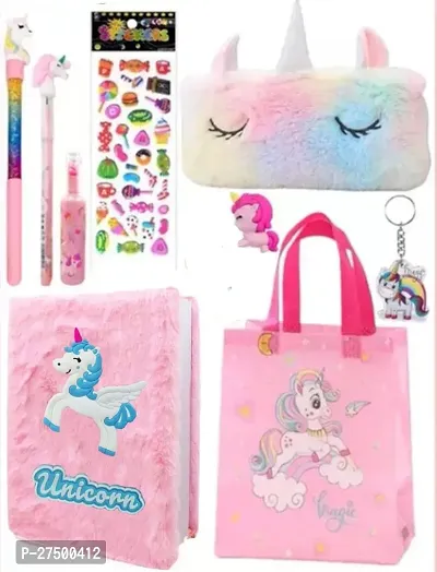 JUST NIDZ Kids stationary includes pack of 7 items , unicorn secret lock diary with strap , stationary pouch , gel pen , pencil , eraser , highlighter sketch pen marker  keychai-thumb0