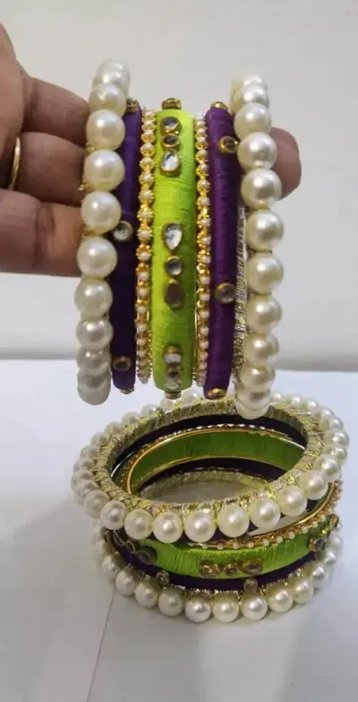 Designer Stylish Fancy Bangle Set For Women Girls Kundan Worked Festival wear Bridal Silk Thread Bangles SET OF 14