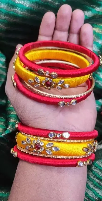 Designer Stylish Fancy Bangle Set For Women Girls Kundan Worked Festival wear Bridal Silk Thread Bangles SET OF