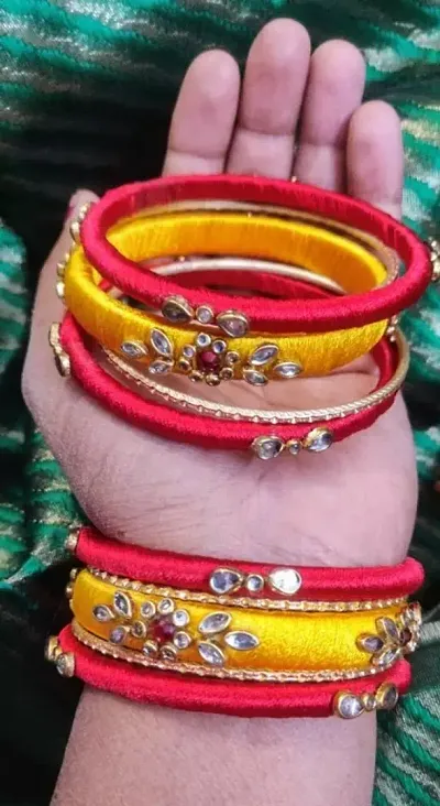 Designer Stylish Fancy Bangle Set For Women Girls Kundan Worked Festival wear Bridal Silk Thread Bangles SET OF