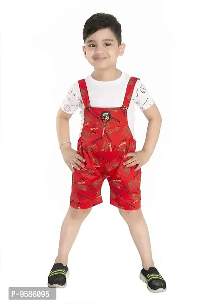 Red Cotton Printed Self Design Dungaree And T Shirt Set-thumb0