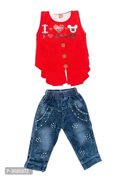 NEW GEN Baby Sleevless Pure Cotton TOP with Full Jeans Pant (RED; 1-2 Years)-thumb0