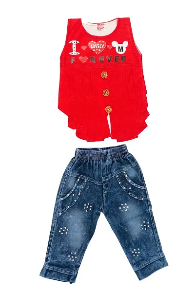 NEW GEN Baby Sleevless Pure TOP with Full Jeans Pant (RED; 1-2 Years)