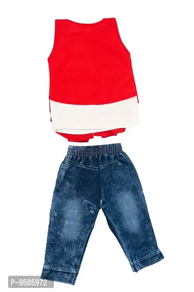 NEW GEN Baby Sleevless Pure Cotton TOP with Full Jeans Pant (RED; 1-2 Years)-thumb3