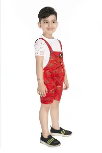 Red Cotton Printed Self Design Dungaree And T Shirt Set-thumb1