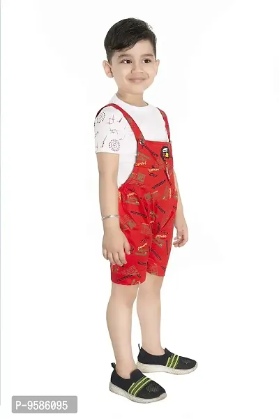 Red Cotton Printed Self Design Dungaree And T Shirt Set-thumb2