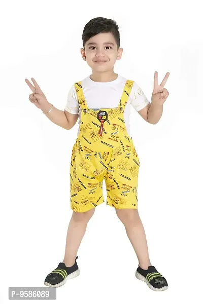 Yellow Cotton Printed Self Design Dungaree and T Shirt Set-thumb0
