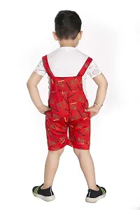 Red Cotton Printed Self Design Dungaree And T Shirt Set-thumb2