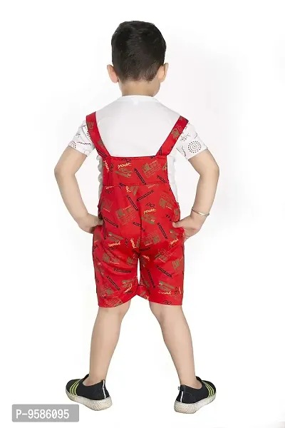 Red Cotton Printed Self Design Dungaree And T Shirt Set-thumb3