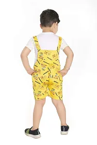 Yellow Cotton Printed Self Design Dungaree and T Shirt Set-thumb2