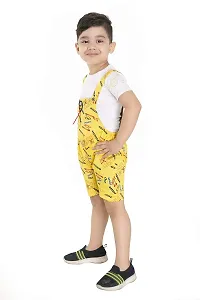 Yellow Cotton Printed Self Design Dungaree And T Shirt Set-thumb1