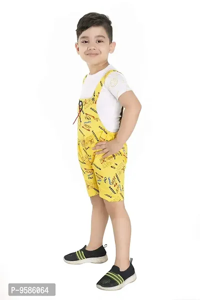 Yellow Cotton Printed Self Design Dungaree And T Shirt Set-thumb2