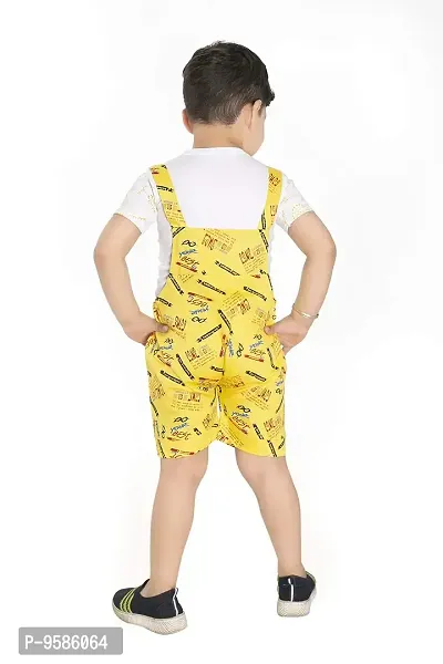 Yellow Cotton Printed Self Design Dungaree And T Shirt Set-thumb3