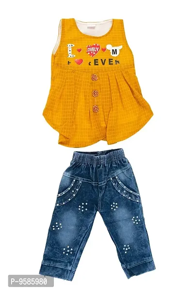 NEW GEN Baby Girls Sleevless Pure Cotton TOP with Full Jeans Pant (Yellow ; 1-2 Years))