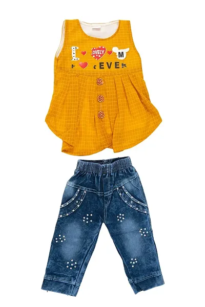 NEW GEN Baby Girls Sleevless Pure TOP with Full Jeans Pant (Yellow ; 1-2 Years))