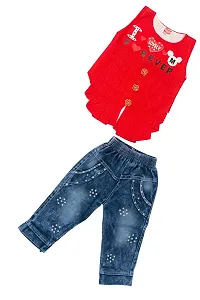 NEW GEN Baby Sleevless Pure Cotton TOP with Full Jeans Pant (RED; 1-2 Years)-thumb1