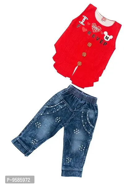 NEW GEN Baby Sleevless Pure Cotton TOP with Full Jeans Pant (RED; 1-2 Years)-thumb2