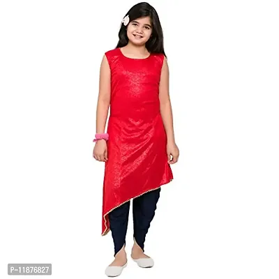 TINY TOON Round Neck Self Design Sleeveless Red Color Dhoti & Kurta Set For Girl