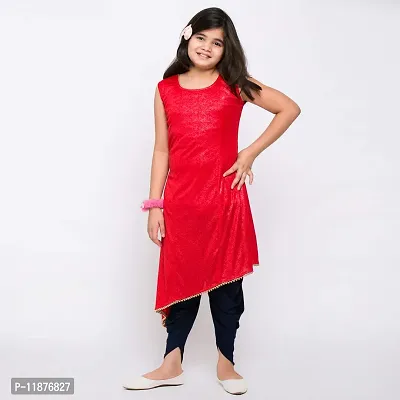 TINY TOON Round Neck Self Design Sleeveless Red Color Dhoti & Kurta Set For Girl-thumb5