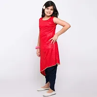 TINY TOON Round Neck Self Design Sleeveless Red Color Dhoti & Kurta Set For Girl-thumb3