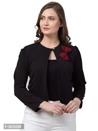 Vogue Tantra Women's Cotton Blend Crew Neck Regular Jacket(Bow-Plain-Black-L_Black_L)
