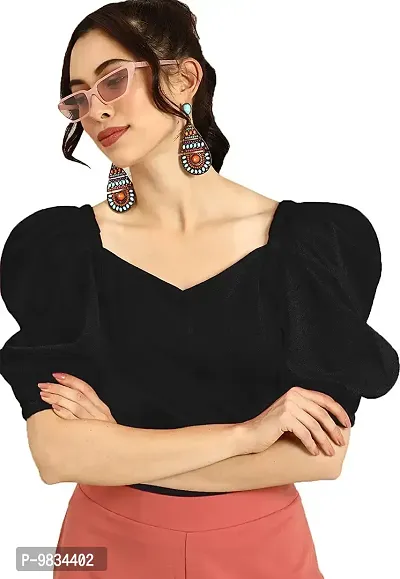 Vogue Tantra Women's Crop Black Color V Neck Half Sleeve Polyester Solid Top