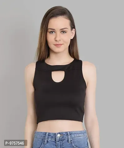 Chimpaaanzee Polyester Blended Crop Women Tops with Keyhole Neck Black