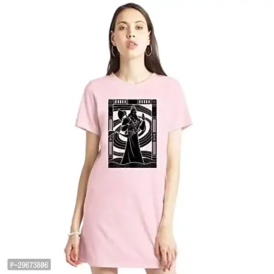 Trendy Pink Cotton Blend Printed T-Shirt Dress For Women