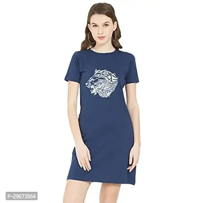 Trendy Navy Blue Cotton Blend Printed T-Shirt Dress For Women