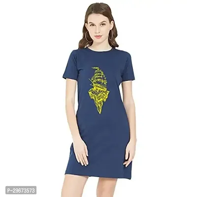 Trendy Navy Blue Cotton Blend Printed T-Shirt Dress For Women