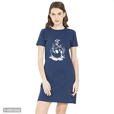 Trendy Navy Blue Cotton Blend Printed T-Shirt Dress For Women-thumb0